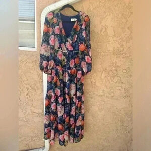 Eliza J Floral-Print Faux-Wrap Maxi Dress Chiffon V-Neck  Women’s Size 2
